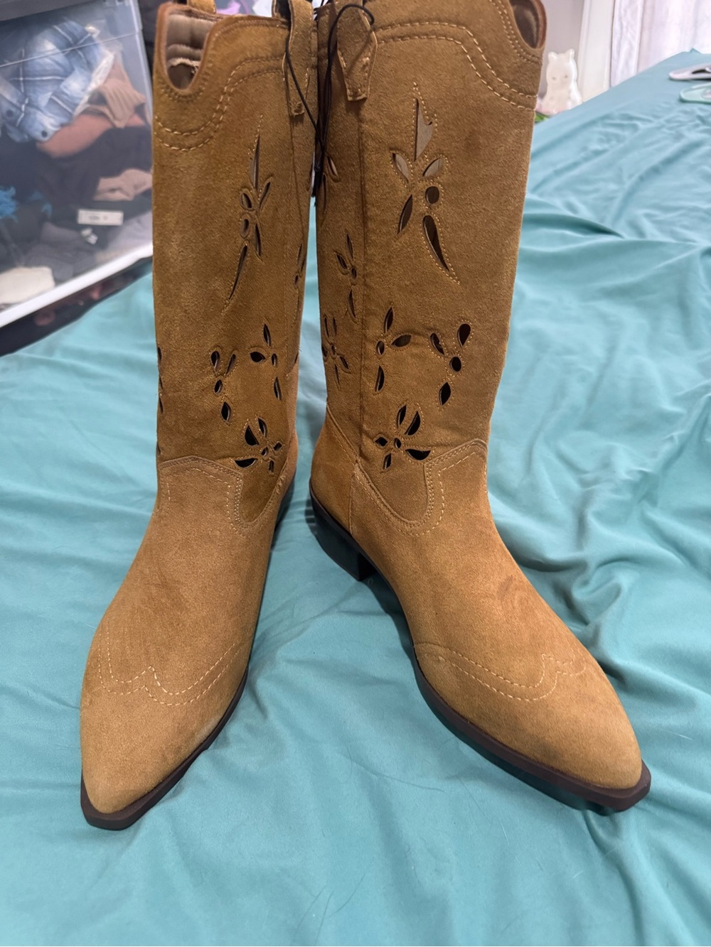 Women’s Tan Suede Western Cowboy Boots - Stylish Cutout Design